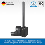 HK Audio Polar 8 MK2 Black 1200W Portable Column PA System with Bluetooth, Mixer & Bags, shown on a white background with 'Made in Germany', '5 Years Warranty', and 'HK Audio' badges.