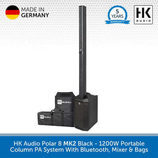 HK Audio Polar 8 MK2 Black 1200W Portable Column PA System with Bluetooth, Mixer & Bags, shown on a white background with 'Made in Germany', '5 Years Warranty', and 'HK Audio' badges.