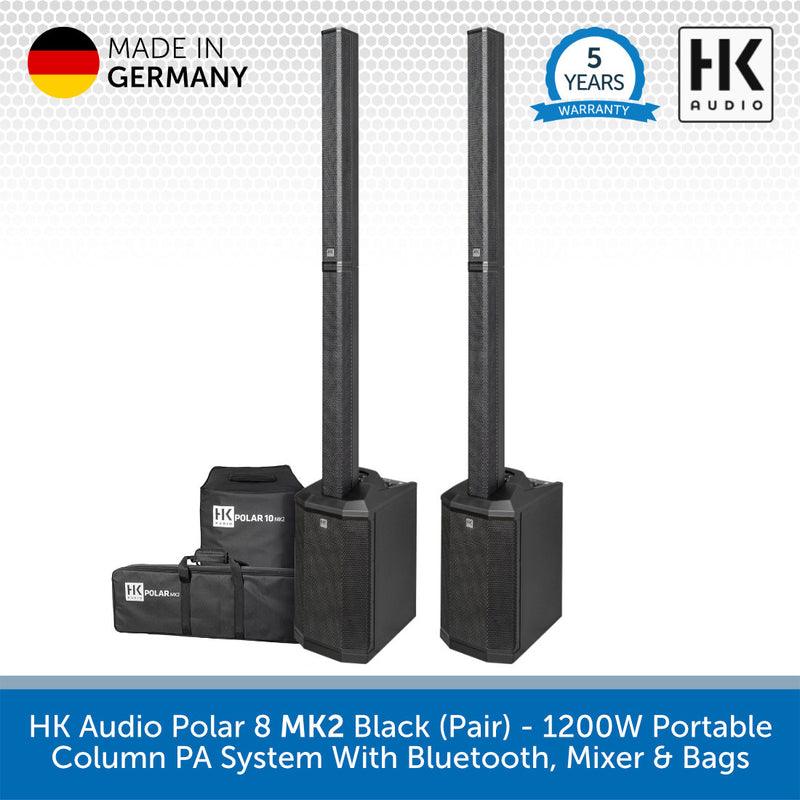 HK Audio Polar 8 MK2 Black portable column PA system with two tall black speakers, two matching carrying bags, and a blue banner at the bottom with product details and badges including 'Made in Germany', '5 Years Warranty', and 'HK Audio'.