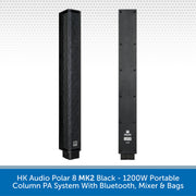 Two views of a black HK Audio Polar 8 MK2 portable column PA system on a white background with a blue text banner at the bottom.