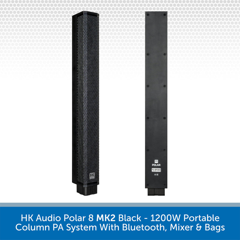 Two views of a black HK Audio Polar 8 MK2 portable column PA system on a white background with a blue text banner at the bottom.