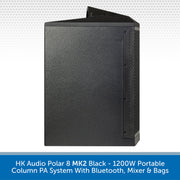 Black HK Audio Polar 8 MK2 portable column PA system with Bluetooth, mixer, and bags, shown from a three-quarter angle against a white patterned background with a blue text banner at the bottom.