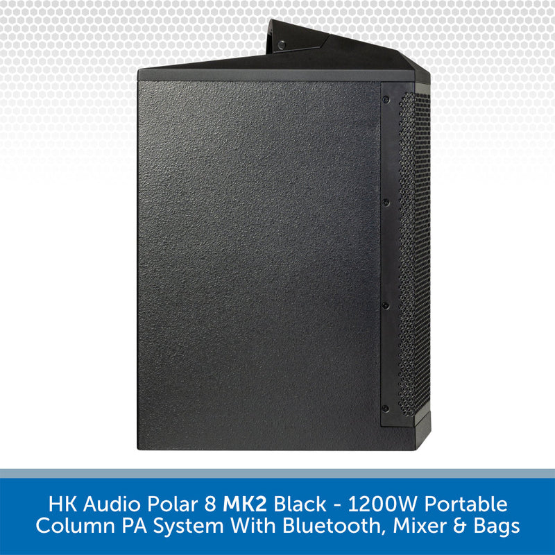Black HK Audio Polar 8 MK2 portable column PA system with Bluetooth, mixer, and bags, shown from a three-quarter angle against a white patterned background with a blue text banner at the bottom.