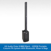 A black HK Audio Polar 8 MK2 portable column PA system with a tall speaker array and matching speaker box base, shown on a white background with a blue text banner at the bottom.