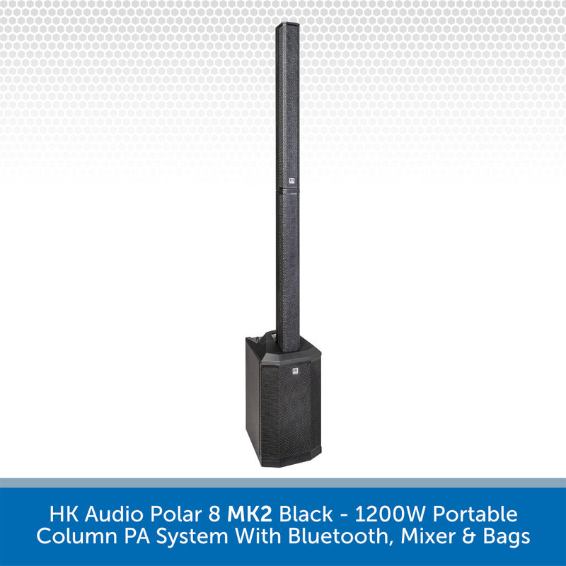 A black HK Audio Polar 8 MK2 portable column PA system with a tall speaker array and matching speaker box base, shown on a white background with a blue text banner at the bottom.