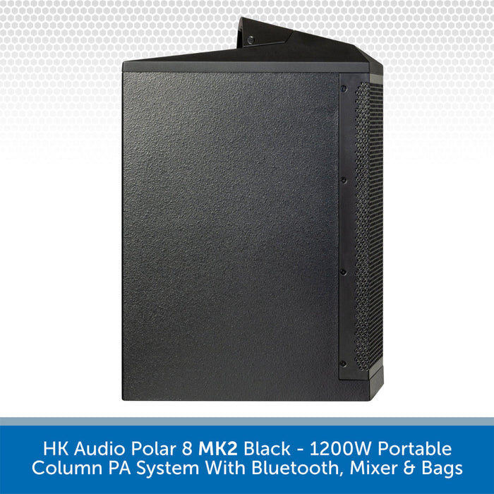 Black HK Audio Polar 8 MK2 portable column PA system with Bluetooth, mixer, and bags, shown from a three-quarter angle against a white patterned background with a blue text banner at the bottom.