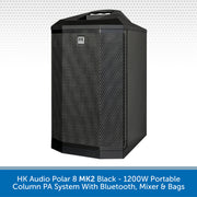 Black HK Audio Polar 8 MK2 portable column PA system with a mesh front grille, shown on a white background with a blue text banner at the bottom.