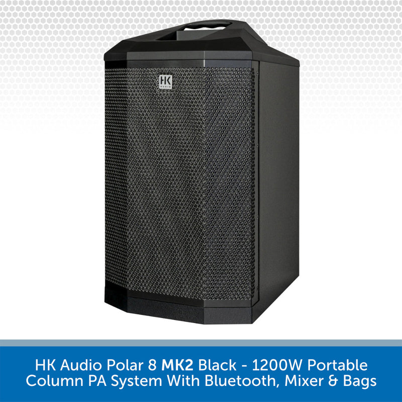 Black HK Audio Polar 8 MK2 portable column PA system with a mesh front grille, shown on a white background with a blue text banner at the bottom.