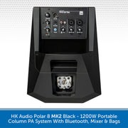 Black HK Audio Polar 8 MK2 portable column PA system with a 1200W speaker design, featuring a control panel with Bluetooth and audio inputs, shown on a white patterned background with a blue text banner at the bottom.