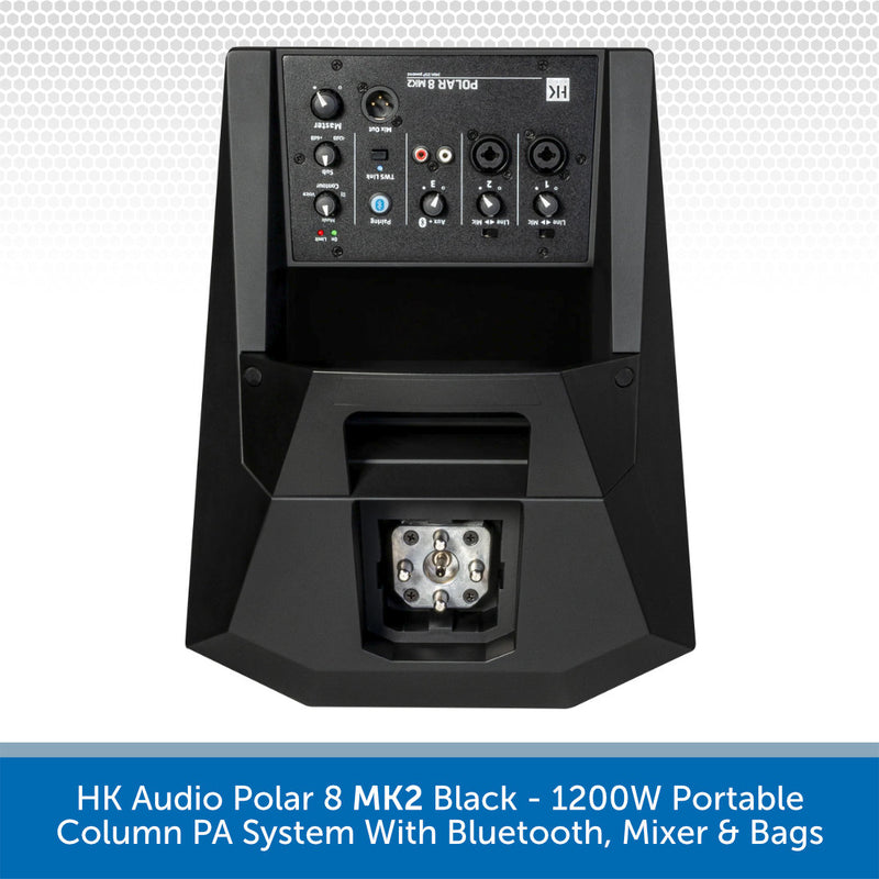 Black HK Audio Polar 8 MK2 portable column PA system with a 1200W speaker design, featuring a control panel with Bluetooth and audio inputs, shown on a white patterned background with a blue text banner at the bottom.