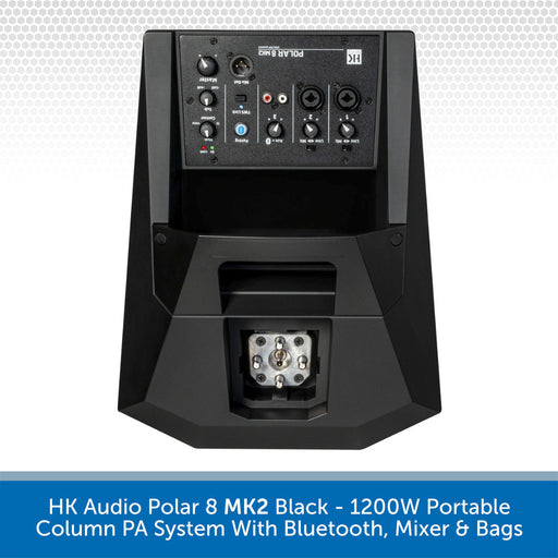Black HK Audio Polar 8 MK2 portable column PA system with a 1200W speaker design, featuring a control panel with Bluetooth and audio inputs, shown on a white patterned background with a blue text banner at the bottom.