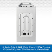 A white HK Audio Polar 8 MK2 portable column PA system shown from the rear, featuring input jacks, a power socket, and a USB port, set against a light gray patterned background with a blue text banner at the bottom.