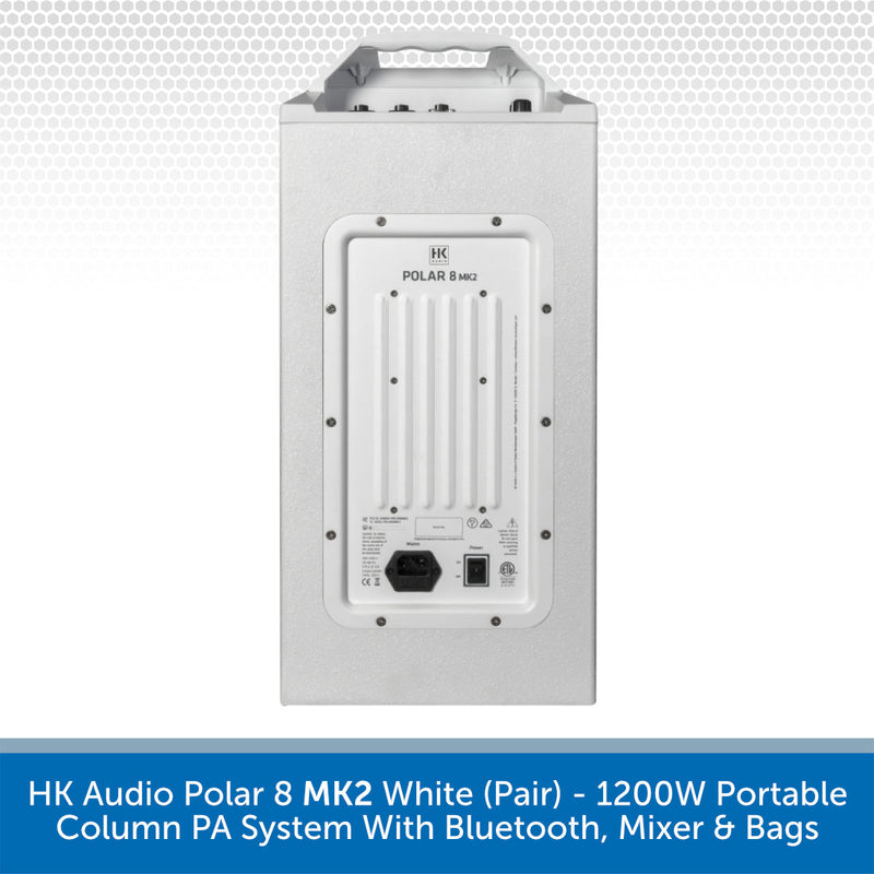 A white HK Audio Polar 8 MK2 portable column PA system shown from the rear, featuring input jacks, a power socket, and a USB port, set against a light gray patterned background with a blue text banner at the bottom.
