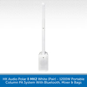 A white HK Audio Polar 8 MK2 portable column PA system with two tall antennas and a speaker grille base, shown on a white background with a blue text banner at the bottom.