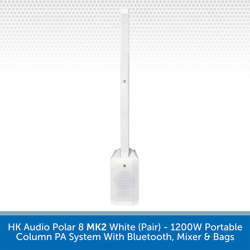 A white HK Audio Polar 8 MK2 portable column PA system with two tall antennas and a speaker grille base, shown on a white background with a blue text banner at the bottom.