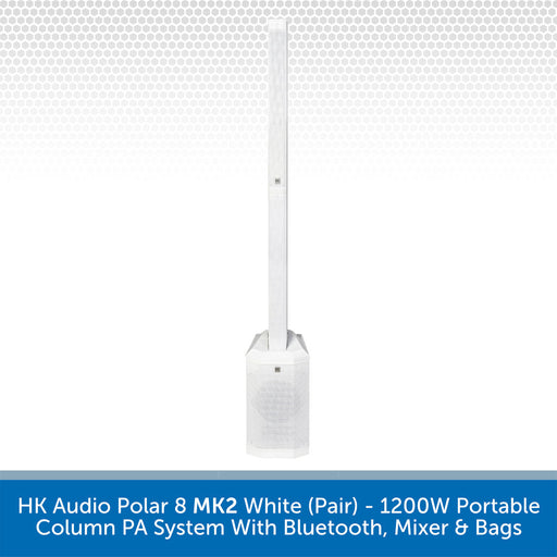 A white HK Audio Polar 8 MK2 portable column PA system with two tall antennas and a speaker grille base, shown on a white background with a blue text banner at the bottom.