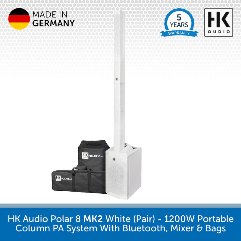 HK Audio Polar 8 MK2 white portable column PA system with two black carrying bags, shown on a white background with 'Made in Germany', '5 Years Warranty', and 'HK Audio' badges.