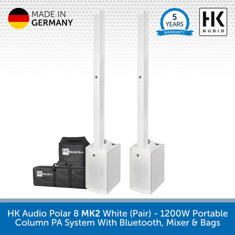 HK Audio Polar 8 MK2 White portable column PA system with two white speaker towers, two black carrying bags, and promotional badges including 'Made in Germany', '5 Years Warranty', and 'HK Audio'.