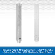 Two white HK Audio Polar 8 MK2 portable column PA units shown side by side on a light gray patterned background, with a blue text banner at the bottom describing the product.