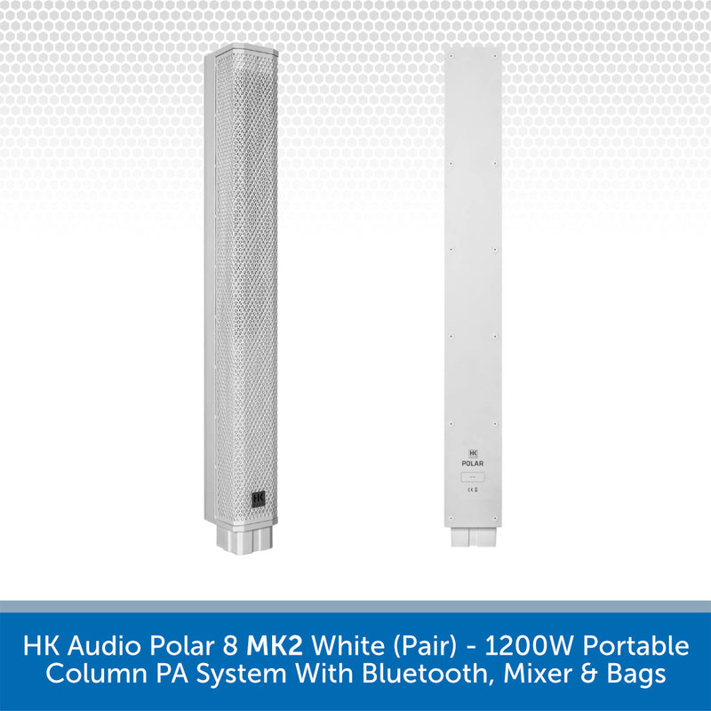 Two white HK Audio Polar 8 MK2 portable column PA units shown side by side on a light gray patterned background, with a blue text banner at the bottom describing the product.
