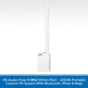 White HK Audio Polar 8 MK2 portable column PA system with two antennas, shown against a white background with a gray dotted pattern and a blue text banner at the bottom.