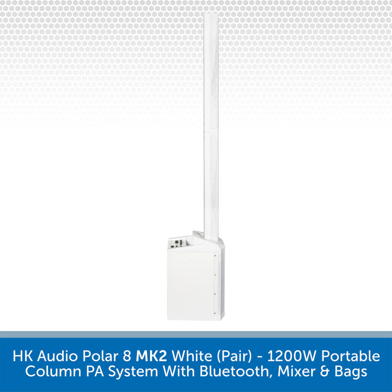 White HK Audio Polar 8 MK2 portable column PA system with two antennas, shown against a white background with a gray dotted pattern and a blue text banner at the bottom.