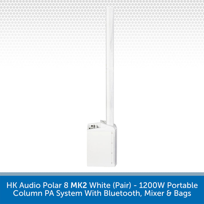 White HK Audio Polar 8 MK2 portable column PA system with two antennas, shown against a white background with a gray dotted pattern and a blue text banner at the bottom.