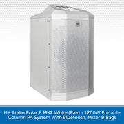 White HK Audio Polar 8 MK2 portable column PA system with a perforated front grille and top handle, shown on a light gray patterned background with a blue text banner at the bottom.