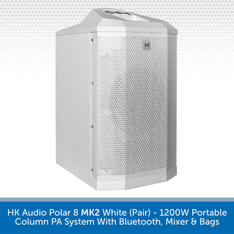 White HK Audio Polar 8 MK2 portable column PA system with a perforated front grille and top handle, shown on a light gray patterned background with a blue text banner at the bottom.