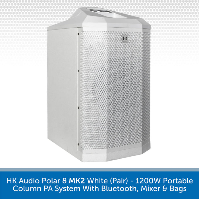 White HK Audio Polar 8 MK2 portable column PA system with a perforated front grille and top handle, shown on a light gray patterned background with a blue text banner at the bottom.