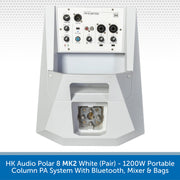HK Audio Polar 8 MK2 White portable column PA system with a white mixer panel and 16-pin connector, shown against a light gray patterned background with a blue text banner at the bottom.