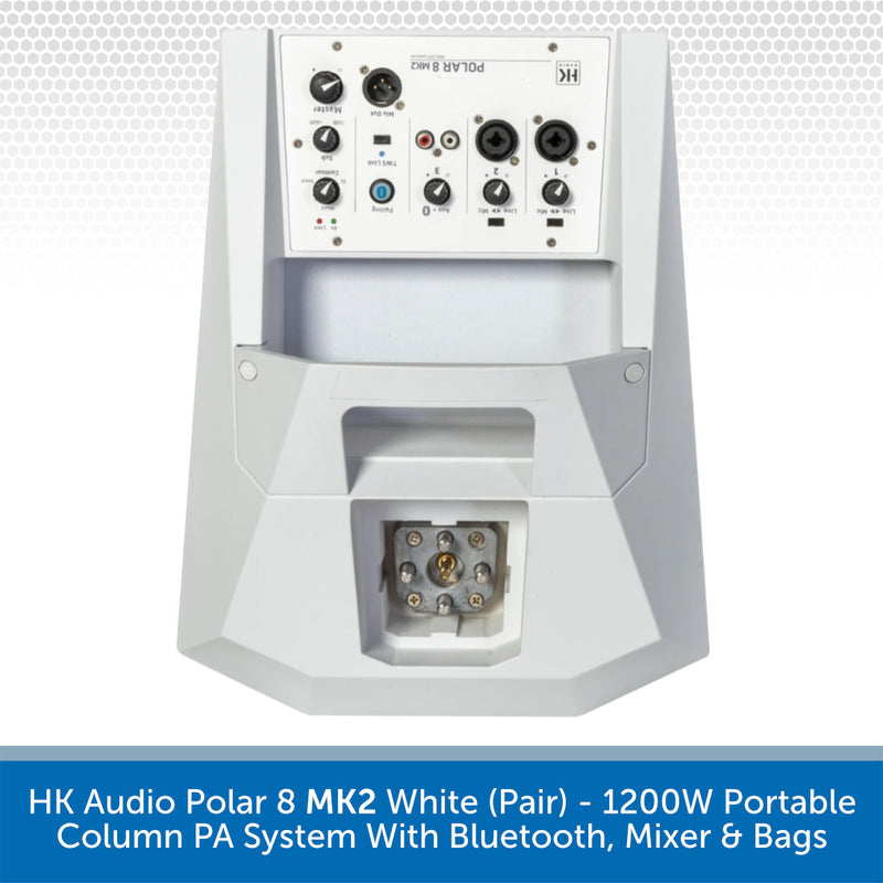 HK Audio Polar 8 MK2 White portable column PA system with a white mixer panel and 16-pin connector, shown against a light gray patterned background with a blue text banner at the bottom.
