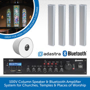 Adastra Bluetooth amplifier and speakers with stained glass windows in the background