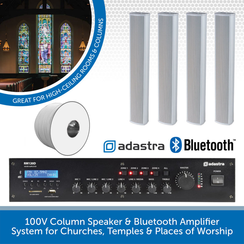 Adastra Bluetooth amplifier and speakers with stained glass windows in the background