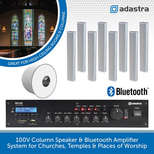 Adastra 100V column speaker and Bluetooth amplifier system for churches with stained glass window background.