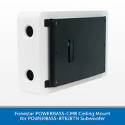 A white and black rectangular ceiling mount bracket for a subwoofer, shown at an angle on a white background with a blue text banner at the bottom.