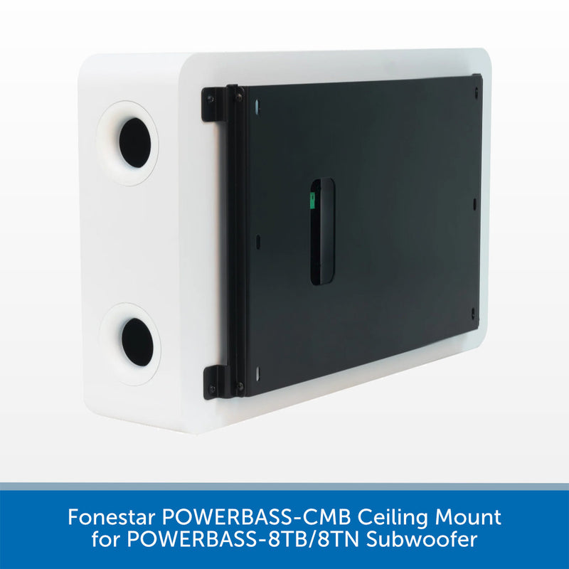 A white and black rectangular ceiling mount bracket for a subwoofer, shown at an angle on a white background with a blue text banner at the bottom.