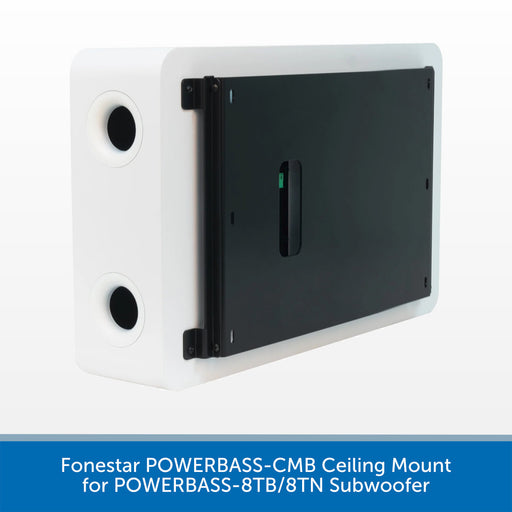 A white and black rectangular ceiling mount bracket for a subwoofer, shown at an angle on a white background with a blue text banner at the bottom.