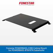A black metal ceiling mount bracket for a subwoofer, shown at an angle on a white background with the red Fonestar logo at the top and a blue text banner at the bottom.