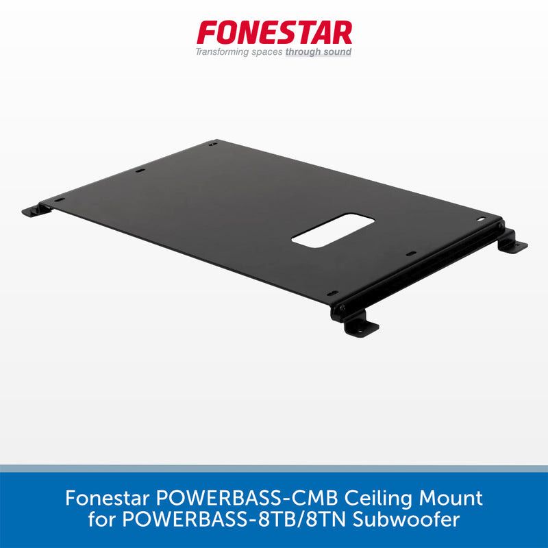 A black metal ceiling mount bracket for a subwoofer, shown at an angle on a white background with the red Fonestar logo at the top and a blue text banner at the bottom.
