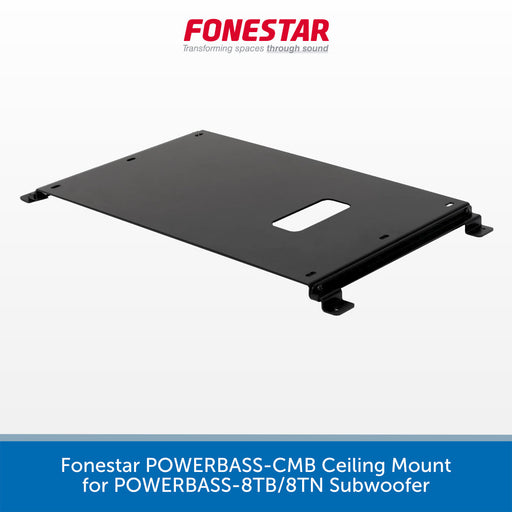 A black metal ceiling mount bracket for a subwoofer, shown at an angle on a white background with the red Fonestar logo at the top and a blue text banner at the bottom.