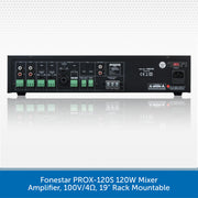 Rear panel view of a black Fonestar PROX-120S 120W Mixer Amplifier, 100V/4Ω, 19" Rack Mountable, shown on a light gray reflective background with a blue text banner at the bottom.