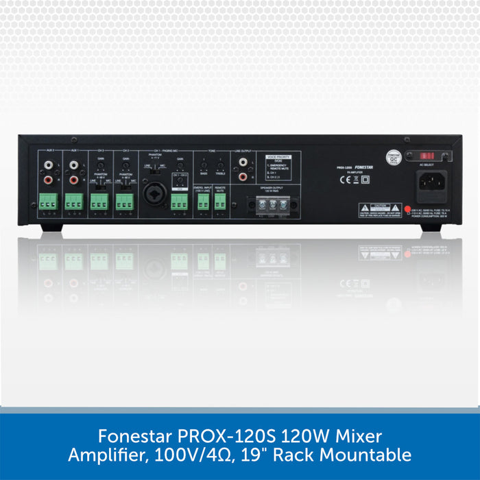 Rear panel view of a black Fonestar PROX-120S 120W Mixer Amplifier, 100V/4Ω, 19" Rack Mountable, shown on a light gray reflective background with a blue text banner at the bottom.