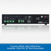Rear panel view of a black Fonestar PROX-120S 120W Mixer Amplifier, 100V/4Ω, 19" Rack Mountable, shown on a light gray reflective background with a blue text banner at the bottom.
