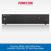 A black rectangular audio amplifier mixer with front control knobs and a small red Fonestar logo, shown on a white background with the Fonestar brand name at the top and a blue text banner at the bottom.