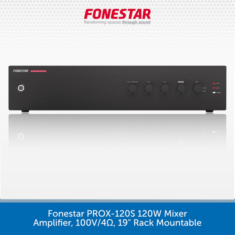 A black rectangular audio amplifier mixer with front control knobs and a small red Fonestar logo, shown on a white background with the Fonestar brand name at the top and a blue text banner at the bottom.