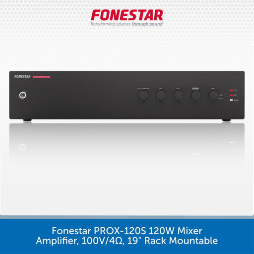 A black rectangular audio amplifier mixer with front control knobs and a small red Fonestar logo, shown on a white background with the Fonestar brand name at the top and a blue text banner at the bottom.
