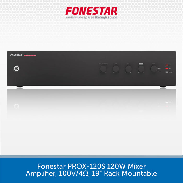 A black rectangular audio amplifier mixer with front control knobs and a small red Fonestar logo, shown on a white background with the Fonestar brand name at the top and a blue text banner at the bottom.