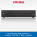 A black rectangular audio amplifier mixer with front control knobs and a small red Fonestar logo, shown on a white background with the Fonestar brand name at the top and a blue text banner at the bottom.