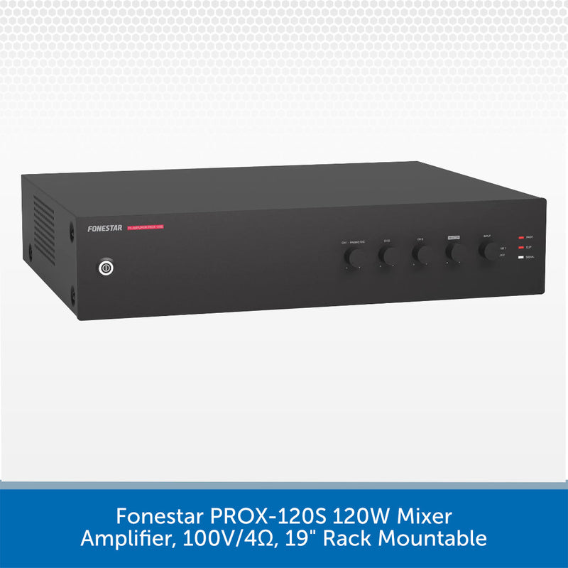 A black rectangular audio mixer amplifier with front control knobs and a small red FORESTAR logo, shown on a light gray background with a blue text banner at the bottom reading 'Forestar PROX-120S 120W Mixer Amplifier, 100V/4Ω, 19" Rack Mountable'.
